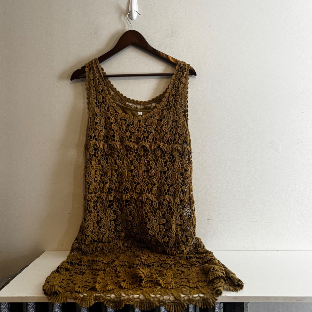 Women's Sz M Olive Green Floral Crochet Sleeveless Mini Dress Boho Indie Fall